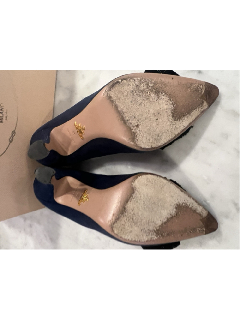 Prada Suede Beaded Bow Navy Blue Designer Heels Sz 39 (8.5/9) With Original Box - Picture 14 of 16